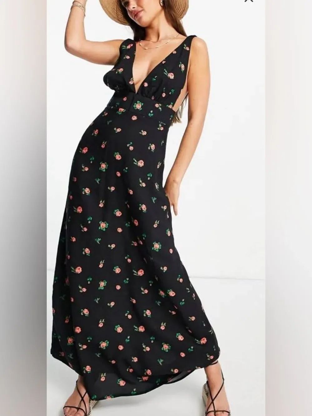 ASOS by Design Black with Red Floral Cottagecore Boho Plunge Maxi Dress